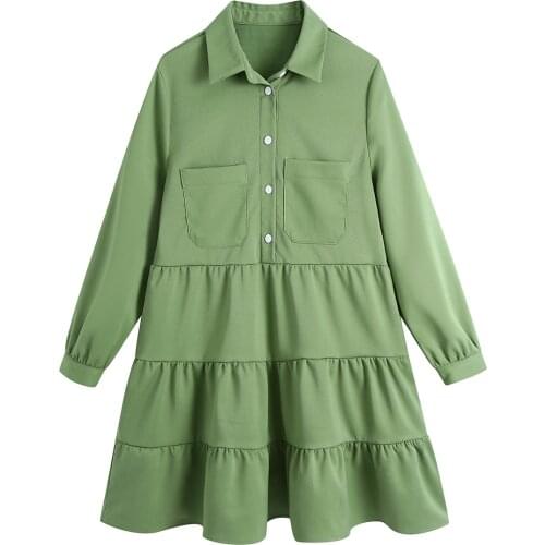 Basics Shirt Collar Long Sleeve Midi Dresses DLQZ222