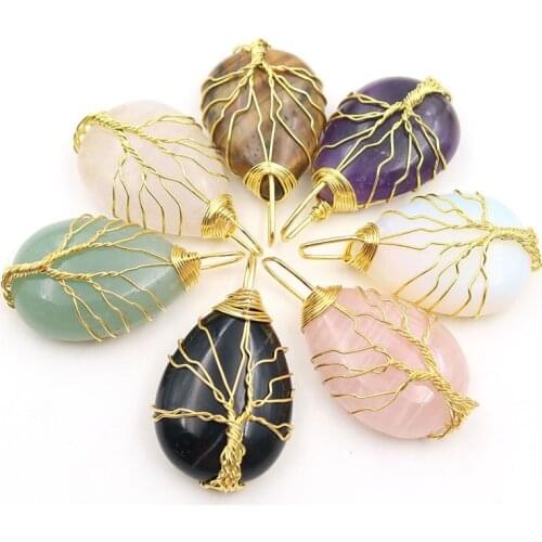 YJXP Tree of Life Pendants Gold-color Wire Winding Natural Stones Water Drop Shaped Quartzs Lucky Charms DIY Necklaces Fittings