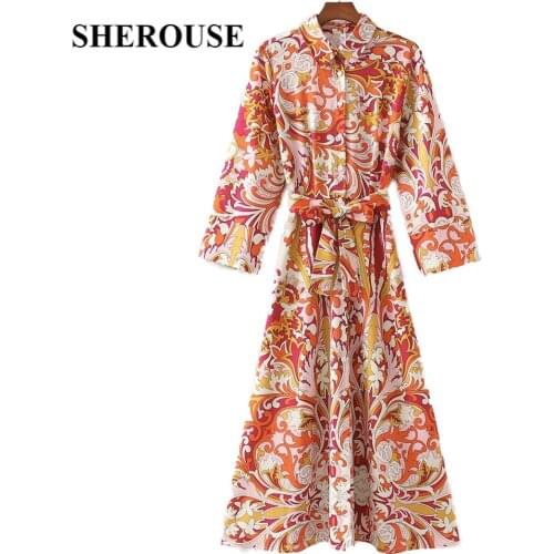 SHEROUSE 2021 Vintage Women Printed Dress with Sashes Fashion Long Sleeves Chic Lady Elegant Retro Midi Long Dresses Woman Robe