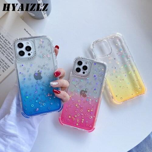 Shockproof Phone Case for iPhone 12 Mini SE 2020 11 Pro Max XR X 6 7 8 Plus Clear Gradient Glitter Bling Back Cover Bumper Funda