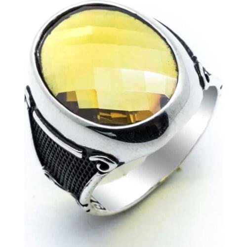 Yellow Oval Zircon Cubic Zirconia Men 'S Silver Ring