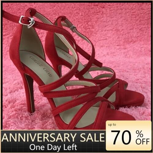Women Stiletto Thin High Heel Sandals Sexy Ankle Strap Open Toe Red Suede Fashion Party Bridals Ball Lady Shoe 0640A-4