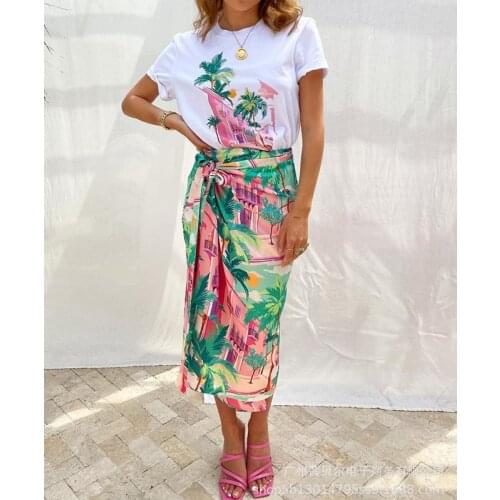 2021 Summer Printed Womens Skirt Suit Casual Slim-Fit Suit Short-Sleeved O-Neck T-shirt + High Waist Lace-up Skirt Suit