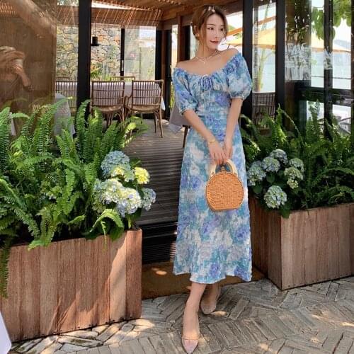 2021 Women Oil painting printing Dress Off Shoulder Tie Up Front long Dress Summer Vacation Lady V Neck Printed Dress vestidos