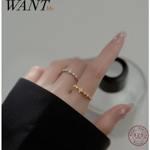 WANTME 925 Sterling Silver Simple Fashion Korean Star Zircon Adjustable Finger Ring for Women Anniversary Jewelry Accessories