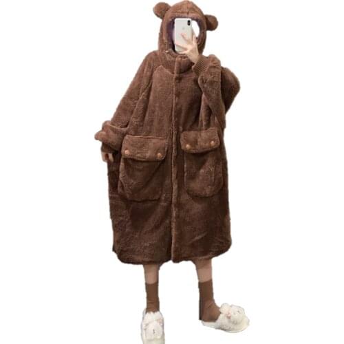 Winter Fleece Night Gown Robe Womens Dressing Sleepwear Brown Home Clothing Thick Warm Coral Velvet Female Nightgown Suit Pajama