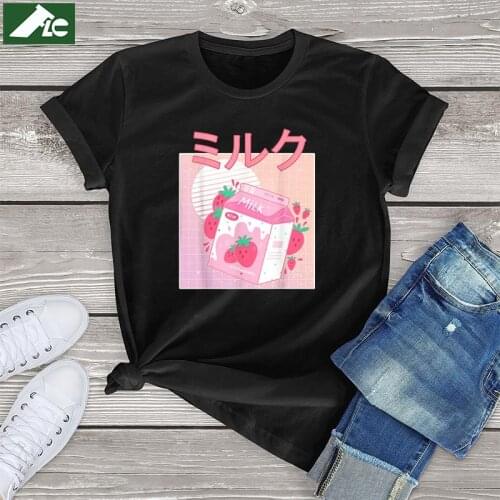 100 cotton kawaii Strawberry Milk t shirt women unisex milk graphic vintage womens shirts 90s clothes cute Japanese girls tops