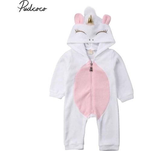 2019 Lovely Newborn Baby Boy Girl Hooded Romper New Winter Cartoon Unicorn Costume Jumpsuit Fleece Outfits Bebe Clothes 0-24 M