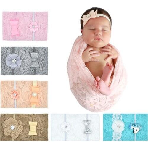 3Pcs/Set Newborn Baby Swaddle Blanket Headband Floral Lace Blanket Swaddle with Faux Pearl Headbands Decor Newborn Photography