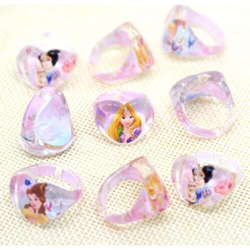 36pc/lot Acrylic Cartoon Princess Snow White Crystal Kids Birthday Party Finger Rings Party Costume Birthday Party Favors Gifts