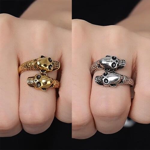 Antique Skull Rings Men Women Gothic Punk Stainless Steel Snake Ring Open Adjustable Finger Jewlery Rings Skull Heads
