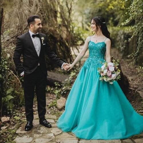 Turquoise Long Tulle Appliques Prom Dresses 2021 Spaghetti Straps Beaded Ball Gown Formal Evening Party Dress Robe De Soiree