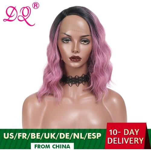 DQ Natural Wave Synthetic Lace Front Wig Synthetic Wig for Women Short Bob Wig Cosplay Wigs Ombre Blonde Green Purple Brown Wig