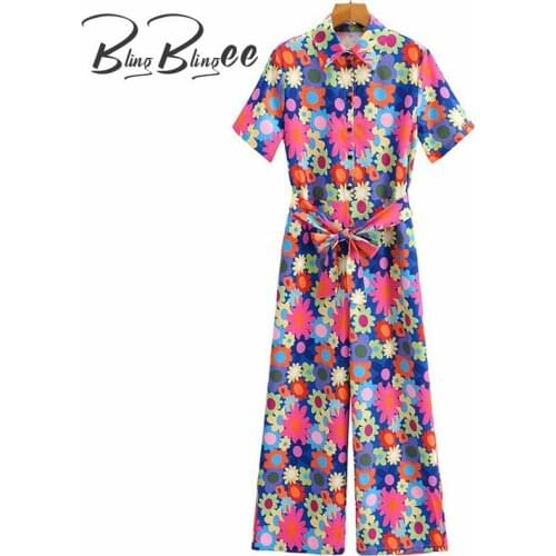 BlingBlingee All Over Print Women Rompers Summer Short Sleeve Wide Leg Jumpsuits Button-Up Turn Down Collar High Waist Jumpsuit