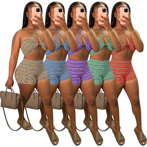 Echoine Cross Halter Fashion Sexy Halter Rib Striped Tube Top Shorts Set Two Piece Curved Beach Wear Suit Drop Shipping