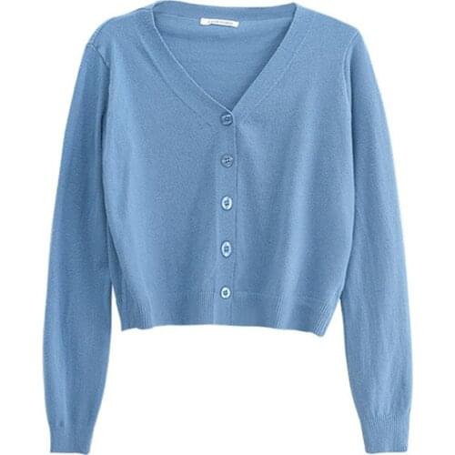 Korean Style V-neck Short Knitted Sweaters Women Thin Cardigan Fashion Sleeve Sun Protection Crop Top Spring and AutumnNew2021