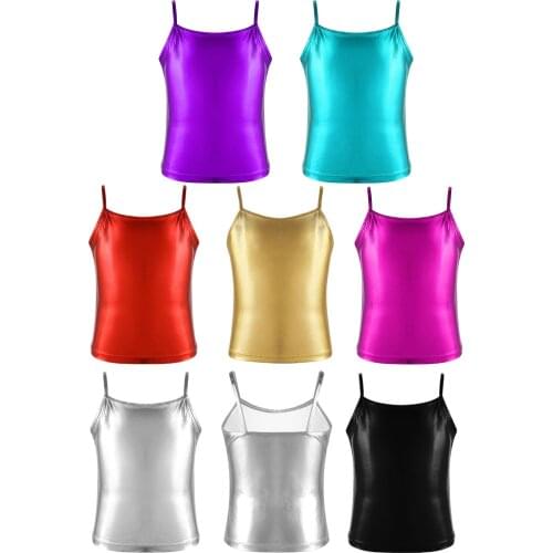 Big Girls Dance Tank Top Kids Shiny Metallic Color Camisole Tops Children Ballet Stage Performance Dancewear Workout Clothes