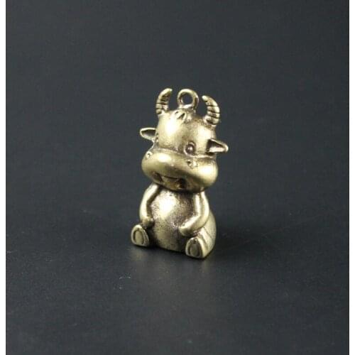 Cute Cartoon Zodiac Bull Small Pendant Brass Lucky Cow Figure Keychain Hanging Jewelry Retro Copper Car Key Chain Ring Metal Key