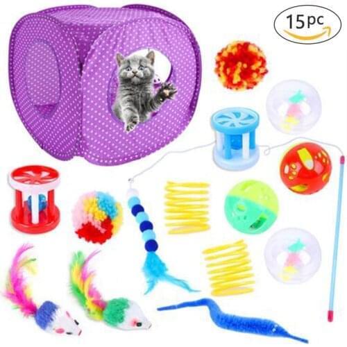 15Pcs Cat Toy Set Pet Indoor Interactive Cat Toys for Kitten Multifunction Cat Bell Feather Cat Interactive Supplies Pet Toy Set