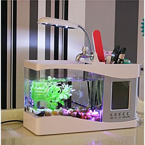 Mini USB Desktop Aquarium LCD Display Tank Clock LED Lamp Light White