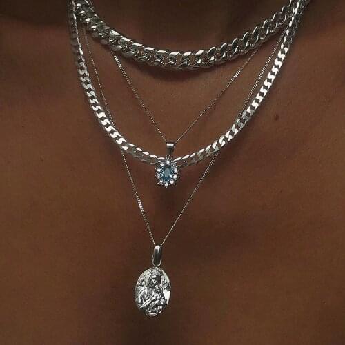 New Fashion Multilevel Female Vintage Crystal Pendant Thick Chain Necklaces For Women Color Stone Portrait Coin Necklace Jewelry