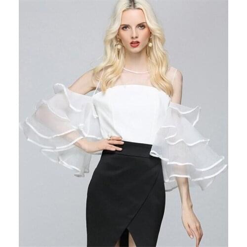 European style Sexy Perspective mesh patchwork chiffon strapless tops white trumpet sleeve short paragraph backless shirt