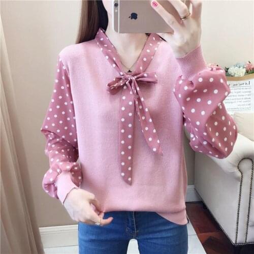 Autumn Spring Style Knitted Chiffon Patchwork Pullover Tops Lady Casual Long Chiffon Sleeve Dot Printed Bow Tie Sweater Pullover