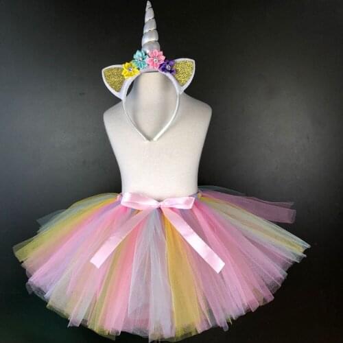 Girls Unicorn Rainbow Tutu Skirts Kids Tulle Skirts Ballet Tutu Pettiskirts with Flower Hairbow Set Children Party Costume Skirt