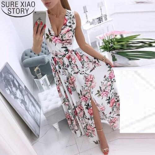 Chiffon Midi Long Dress for Women 2021 Summer Dress Vintage Floral Print V-neck Sleeveless Split Slim Plus Size Dresses 15974