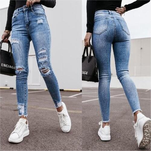 Women Mom Jeans Button High Waist Y2K Hole Jeans Elegant Stretch Trousers Slim Denim Pantalon Capris Femme Pencil Pants Mujer