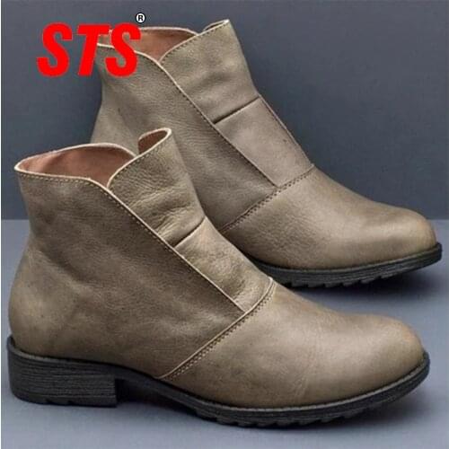 STS Womens Casual Boots Flats Bottom Slip-On Leather Vintage Warm Fashion Boot Comfortable Soft Outdoor Footwear Plus Size