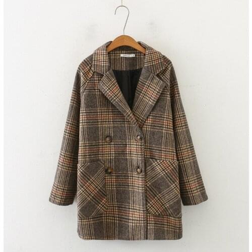 2020 Korean autumn winter women plaid blazer woolen coat vintage double-breasted suit female large size loose blazer coats 3301
