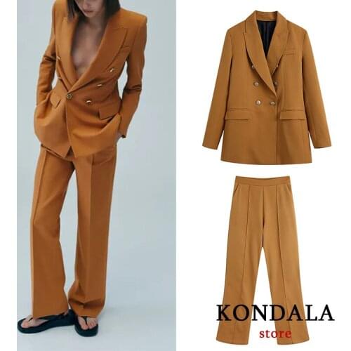 KONDALA Za 2021 Office Lady Bussiness Women Blazer V Neck Double Breasted Chic Brown Oversized Long Jacket Elegant Mujer Outwear