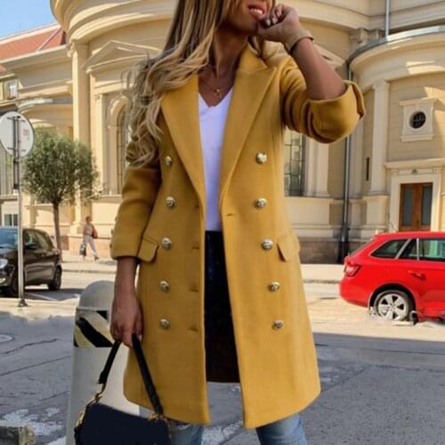 Womens Faux Wool Thin Coat Trench Jacket Ladies Warm Slim Solid Color Button Long Overcoat Outwear Winter Warm Coat Trench