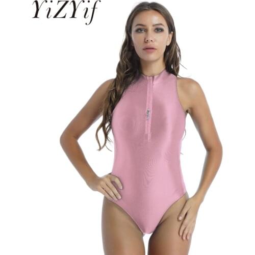 Womens Lingerie Sexy Glossy Sleeveless Bodysuit Ladies Sexy Swimsuit Solid Color Double Zipper Front Leotard Swimwear Nightwear