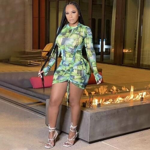 Geometric Pattern Autumn Womens Skinny Dress Sexy Green Ruched Drawstring Bandage Dresses Vintage Long Sleeve Pencil Vestidos