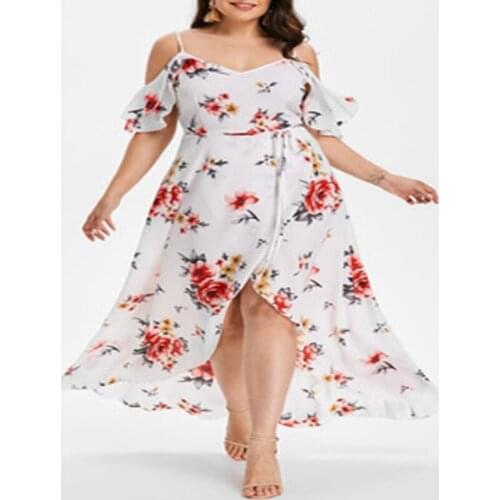 2019 summer new large size XL-5XL womens open fork printing strap short-sleeved strapless sexy big dress