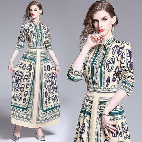 Elegant Printed Maxi Dresses for Women Summer Autumn 2020 Birthday Party Dress England Style Ankle-Length Turtle Neck Clothes