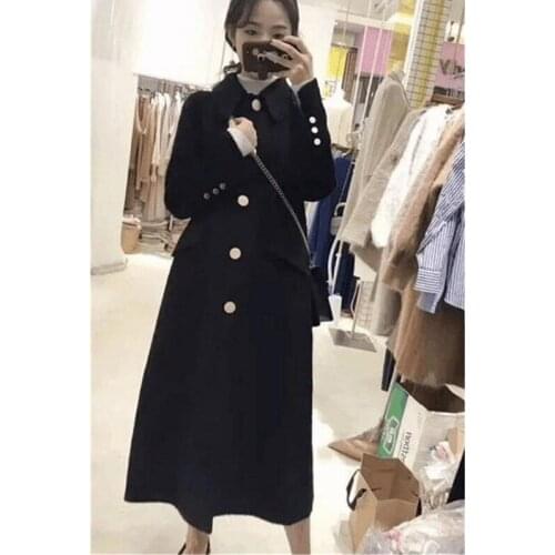 Women Coat 2020 Autumn Casual Korean Fashion Retro Style length Windbreaker Ladies Pocket Black Forest Department Woolen Coat