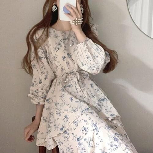 WYWMY 2021 Spring Summer Women Dresses Flowers Floral Printed Chiffon Dress High Waist Lace Up Double Layered Lady Long Dresses