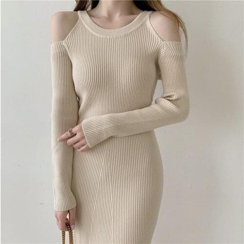 Korean Fashion WomenS Strapless Sexy Waist Slim Knit Dress 2021 Autumn Winter New Office Ladies Casual Dress Solid Base Dresses