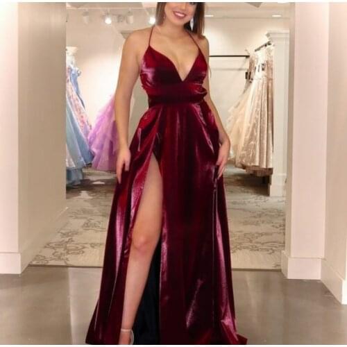 Long Side Slit Velvet Burgundy Evening Dresses with Slit Floor Length Criss Cross Back Abendkleider Formal Party Dress for Women