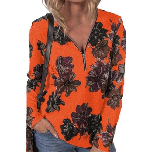 2021 Popular Women Blouse Floral Print V Neck Skin-friendly Comfy Autumn Loose Long Sleeve Zipper T-shirt Pullover Steerwear