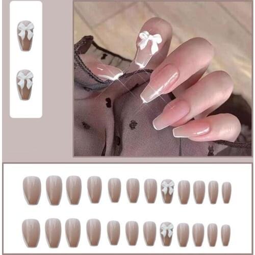 24pcs Detachable White Butterfly Fake Nail Full Cover Fake Nail Glue DIY Ballerina Coffin Nail With Glue Pressed On The Nail
