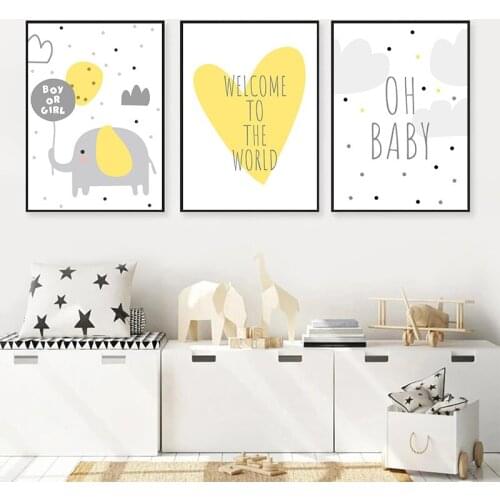 Abstract Elephant Balloons Wall Art Posters Yellow Heart Prints Boys Or Girls Quotes Canvas Painting Nordic Baby Kids Room Decor