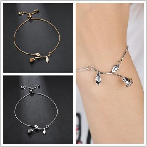 Cute Romantic Solid Color Metal Rose Flower Petal Leaf Bracelet Bangle Wristband Wrist Jewelry Bracelets for Women Men Girl Gift
