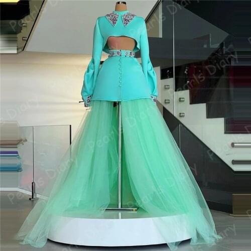 Elegant Two Pieces Prom Dresses Crystals Long Puffy Sleeves Long Evening Gowns Hi Low Middle East Party Gowns Celebrity Dresses