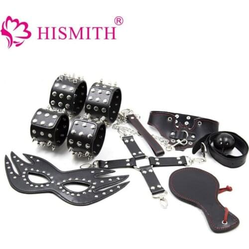 Hismith Adult Games Sex Bondage Kit Set 7PCS Handcuffs Sex toys PU Leather Whip Nipple Clamps Blindfold Couples Erotic Toys