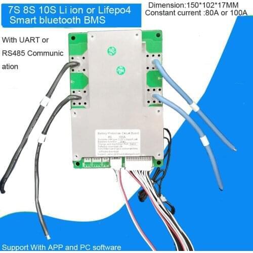 7S 8S 24V Li ion or Lifepo4 Smart Bluetooth BMS with UART communication 80A or 100A constant current Intelligent PCB software