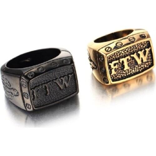 FTW letters Gold and black Stainless steel ring, punk domineering titanium steel ring FTW letters